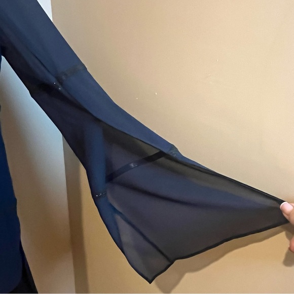 AKRIS Elegant Navy Mulberry Silk Blouse with Black Swarovski Jewel Trim, size 6 - Picture 3 of 13